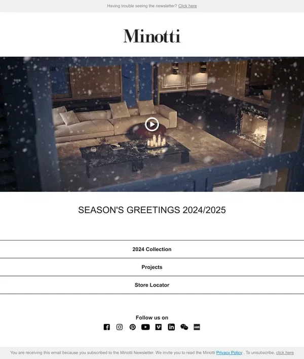 Email from MINOTTI. SEASON'S GREETINGS 2024/2025