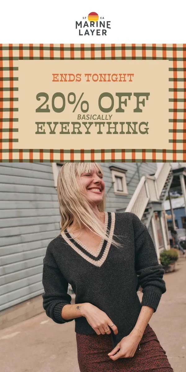 Email from Marine Layer. 20% off is happenin’ 🕺