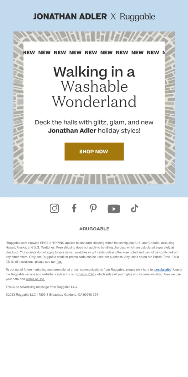 Email from Ruggable. Welcome Winter With NEW Jonathan Adler Styles