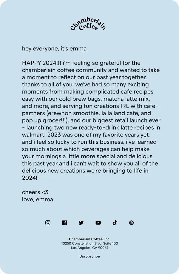 Email from Chamberlain Coffee. happy new year!