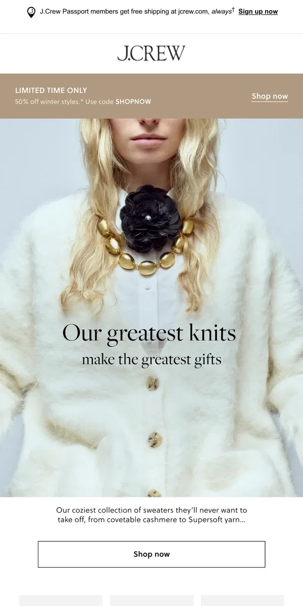 Email from J.Crew. Fact: Sweaters make great gifts