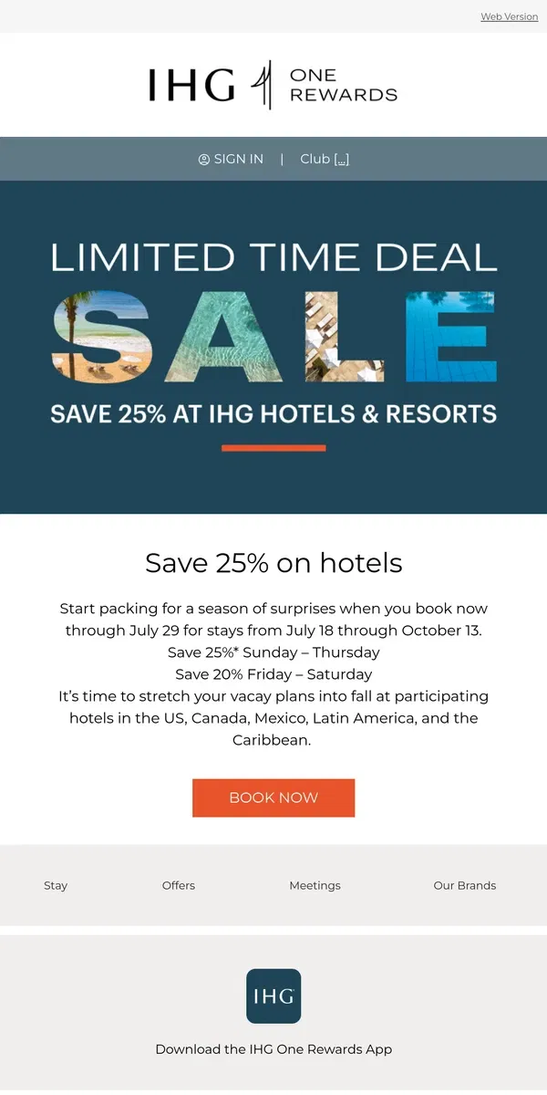 Email from IHG Hotels & Resorts. 25% off summer + fall travel