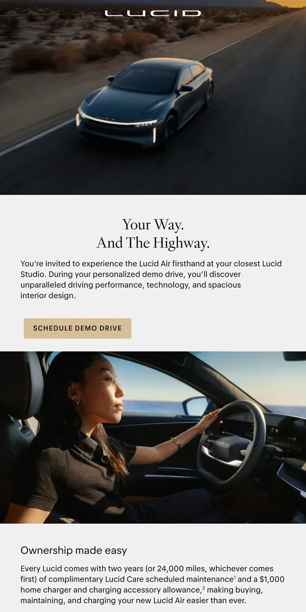 Email from Lucid Motors. Your Way. And The Highway.