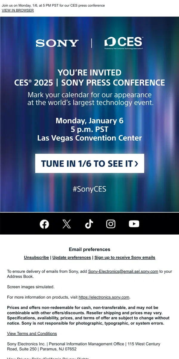 Email from Sony. Mark Your Calendar | Sony At CES, Live On 1/6