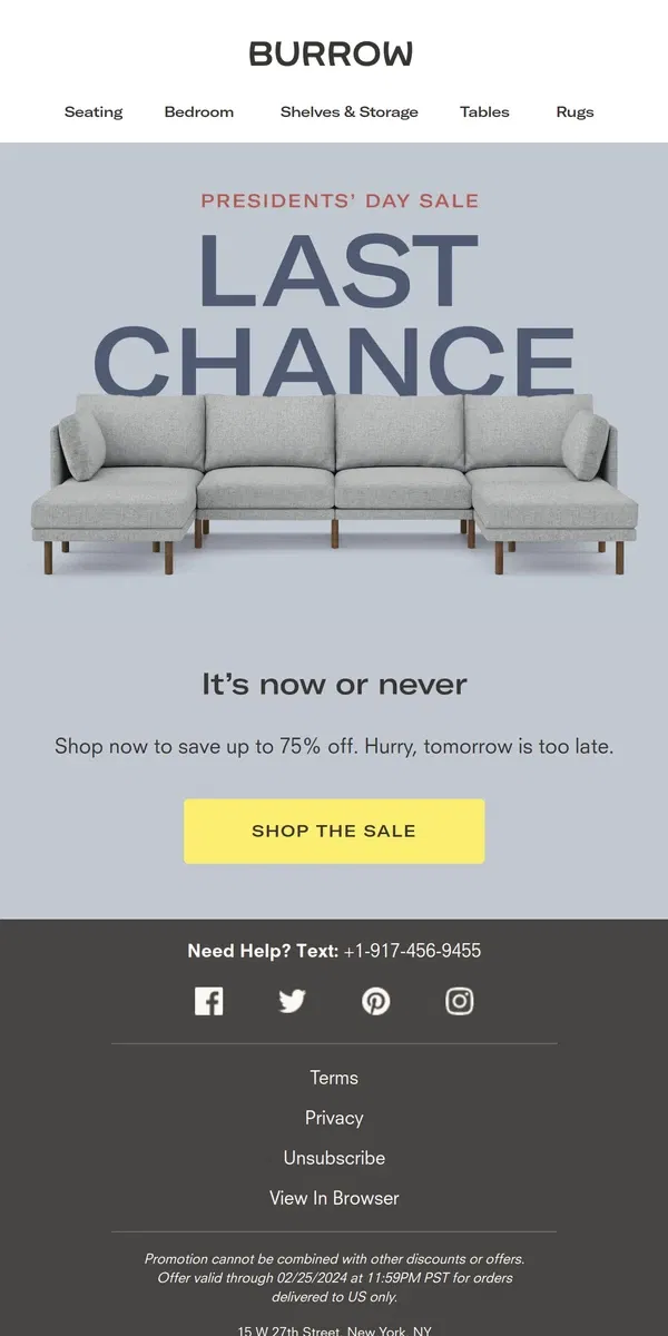 Email from Burrow. Last Chance: up to 75% off