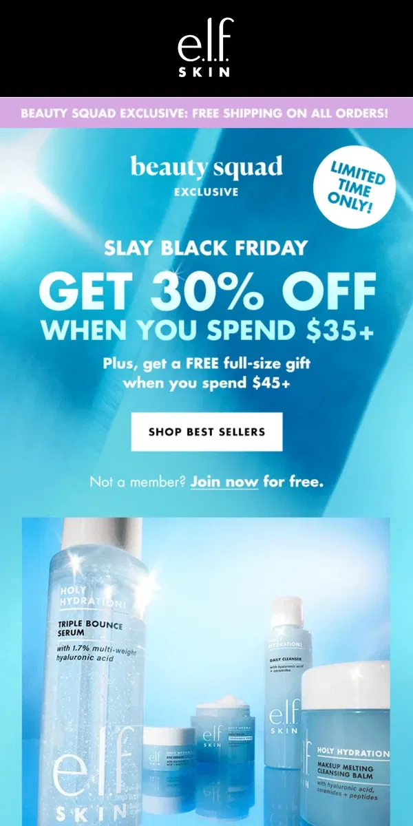 Email from e.l.f.. 30% OFF! Black Friday starts EARLY! 🙌 