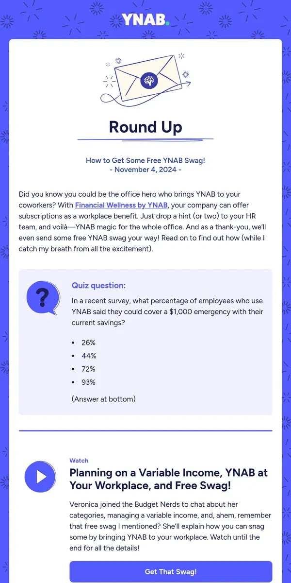 Email from YNAB. How to get some free YNAB swag!