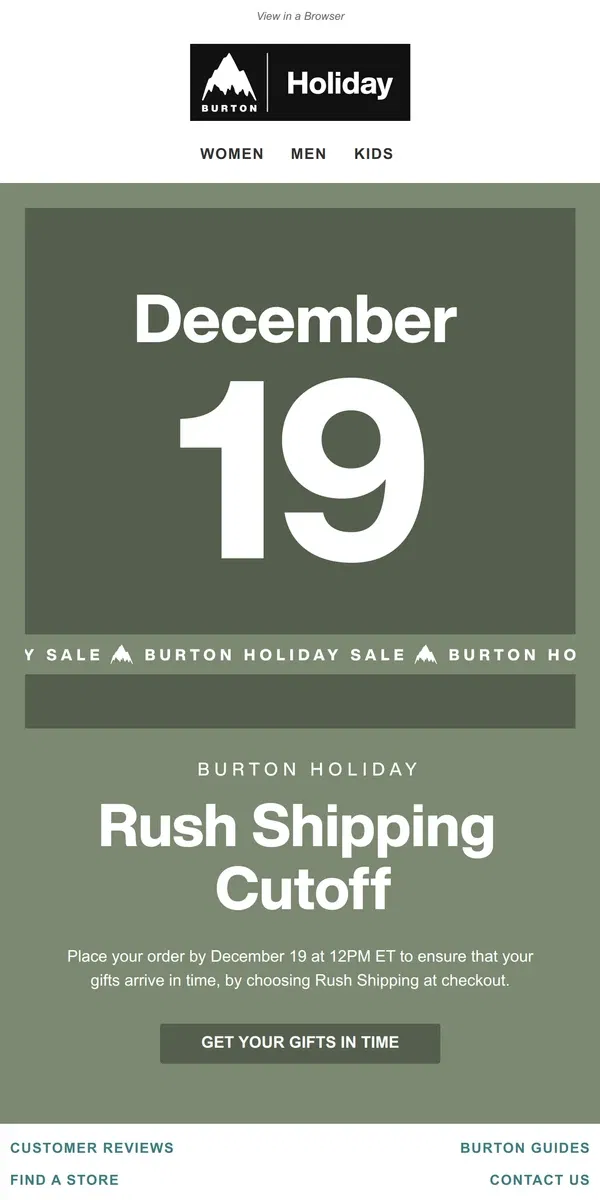 Email from Burton. Last Call for Last Minute Gifters