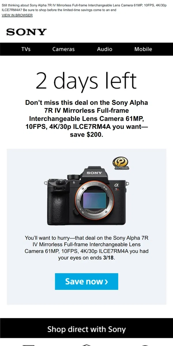 Email from Sony. Savings End Soon | Get What You Wanted for $200 Off