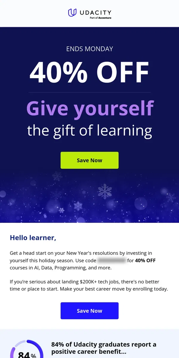 Email from Udacity. 🎁 Treat yourself this holiday season – take 40% off