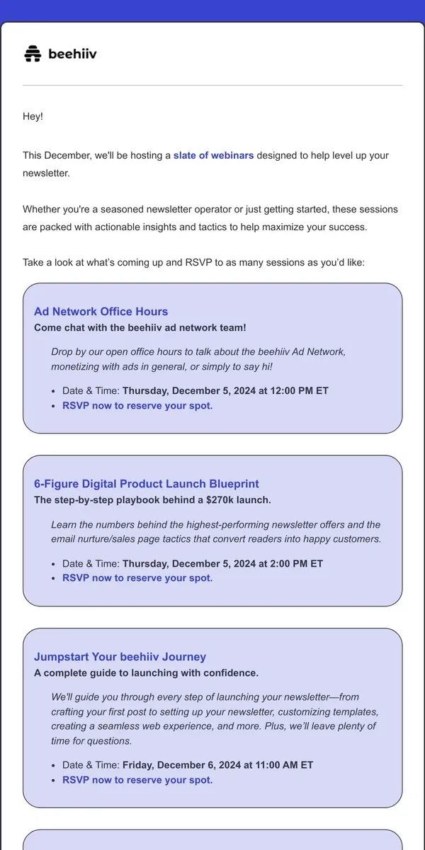 Email from beehiiv. Level up your newsletter with our upcoming webinars