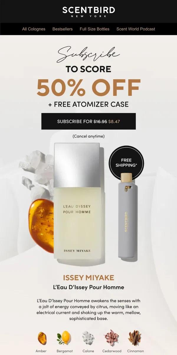 Email from Scentbird. Get 50% off Issey Miyake + a FREE CASE