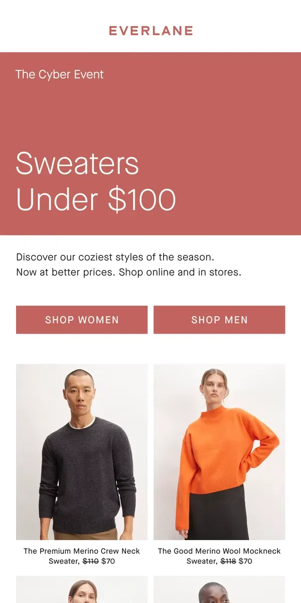 Email from Everlane. The Cyber Event Is Here: Sweaters Under $100