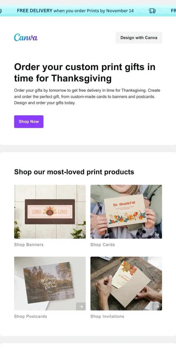 Email from Canva. Design a gift and have it delivered in time for Thanksgiving