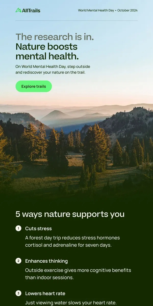 Email from AllTrails. 5 ways nature supports your mental health