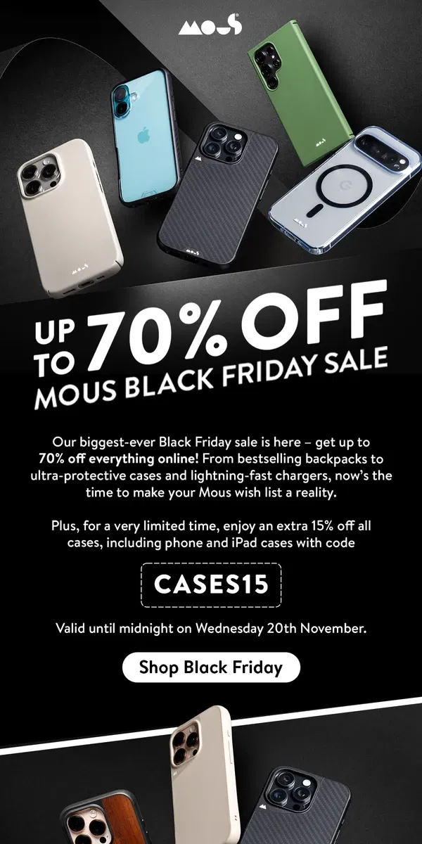 Email from Mous. Black Friday: up to 70% off everything