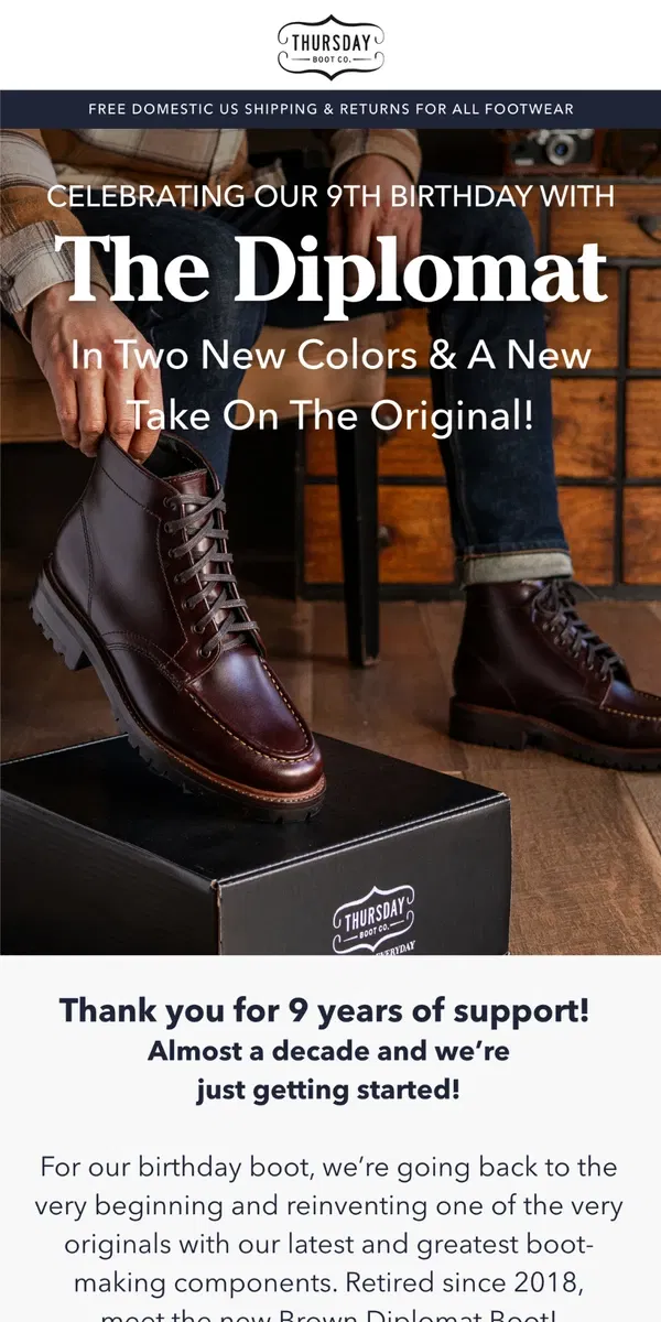 Email from Thursday Boot Company. Our Birthday Boot!