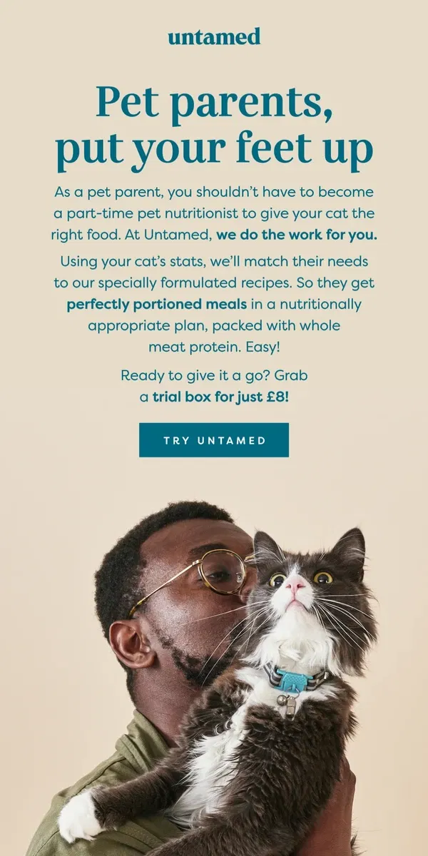 Email from Untamed Cat Food. Cat nutrition shouldn’t be rocket science.