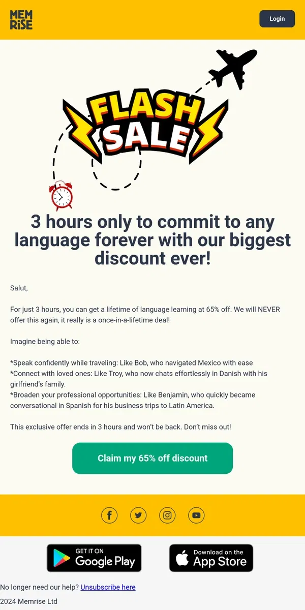 Email from Memrise. 🚨 3 Hours Only: 65% Off Memrise Lifetime!