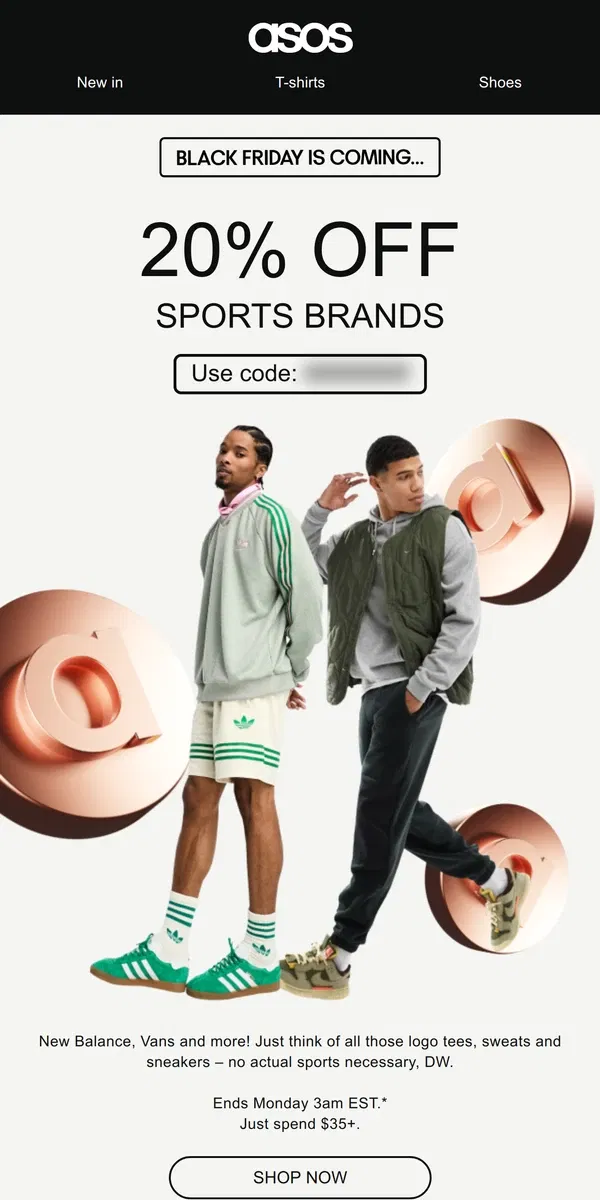 Email from ASOS. 20% off sports brands 🏆⚽️