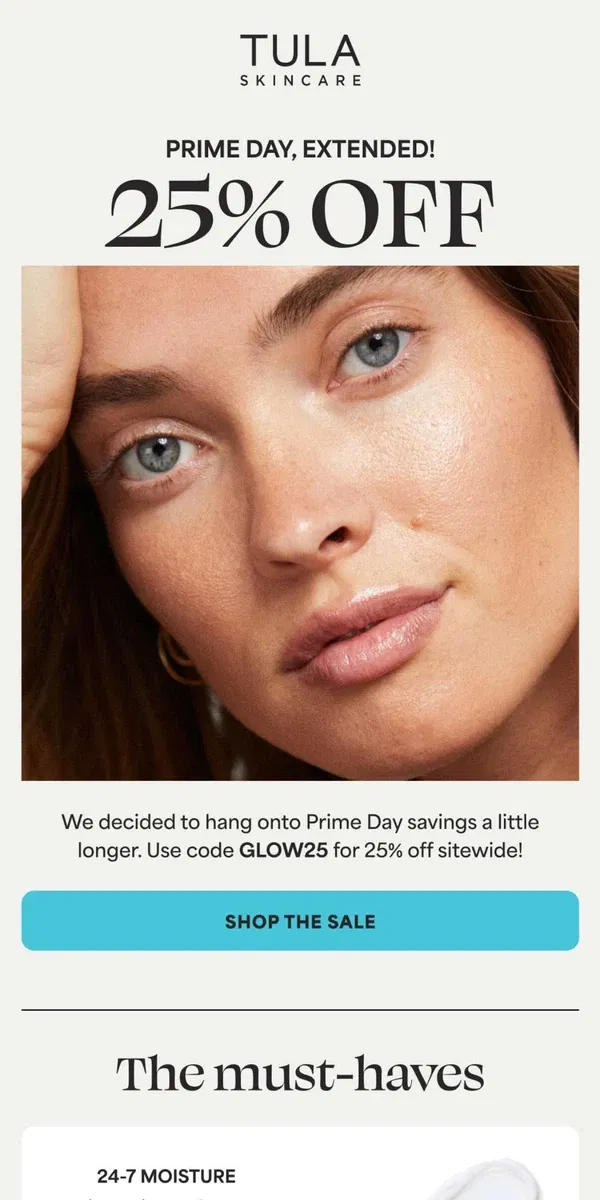 Email from TULA Skincare. Prime Day: Extended!