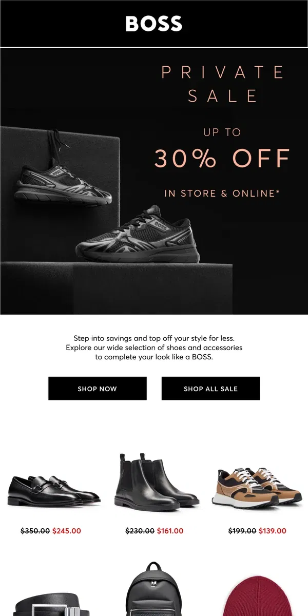 Email from HUGO BOSS. Private Sale: Up to 30% Off Shoes & Accessories