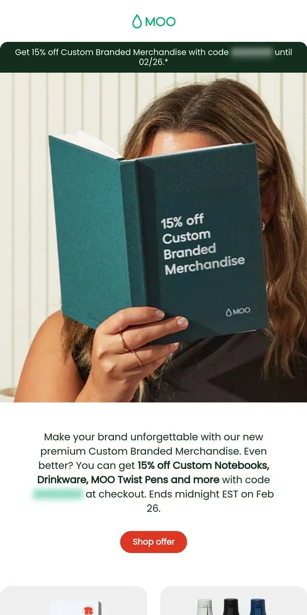 Email from MOO. 🎉 15% off Custom Branded Merchandise.