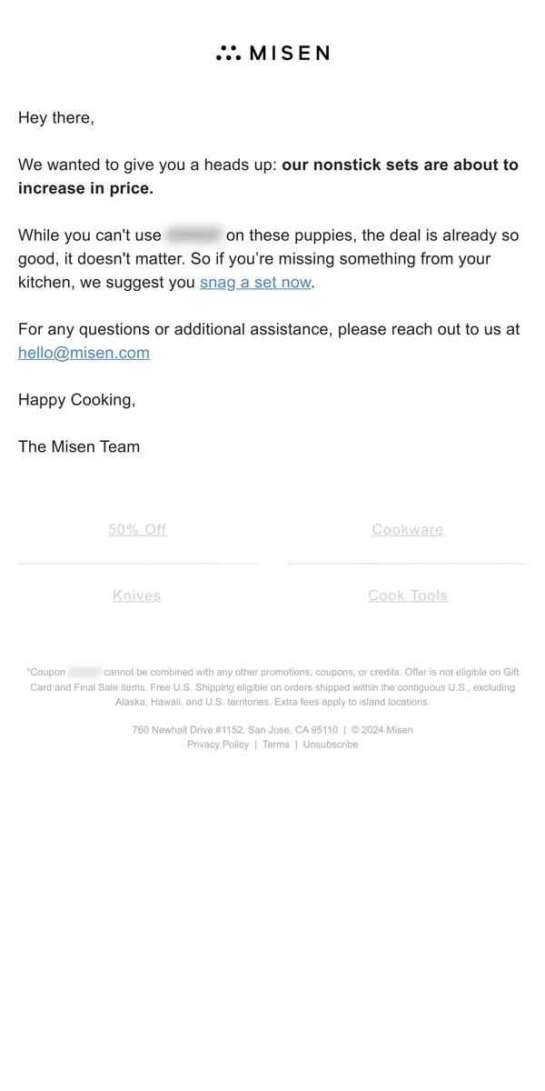 Email from Misen. Hurry - our nonstick sale is ending!