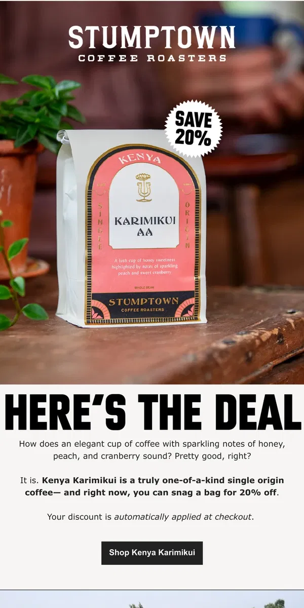 Email from Stumptown Coffee Roasters. 20% off Kenya Karimikui