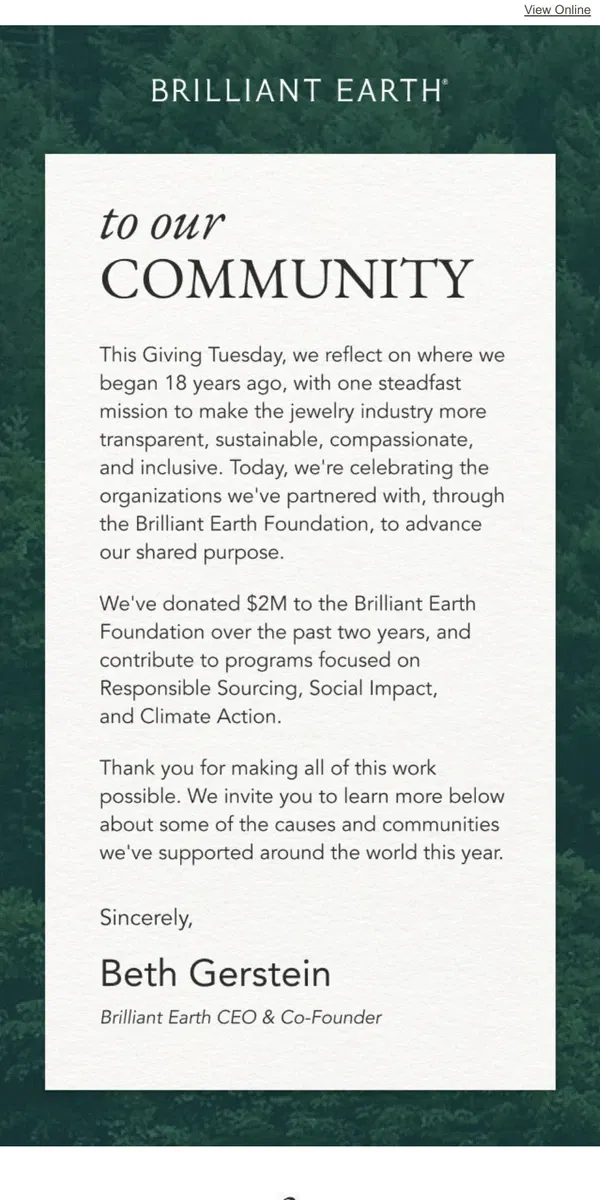 Email from Brilliant Earth. Here's how we gave back in 2023