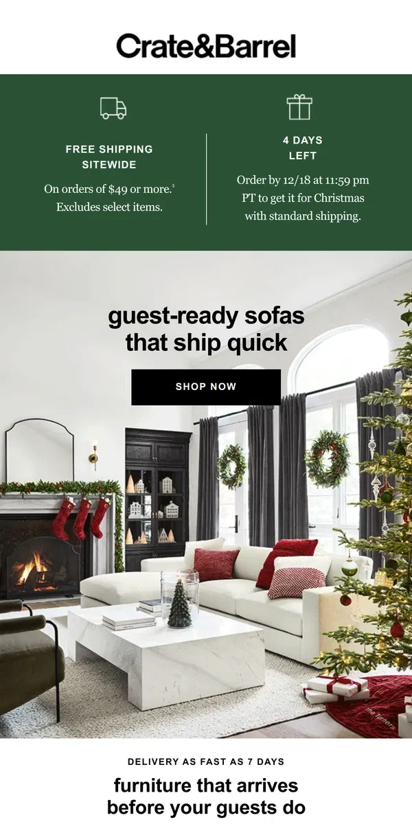 Email from Crate & Barrel. ★★★★★ sofas that ship *so* fast: it’s a holiday no-brainer