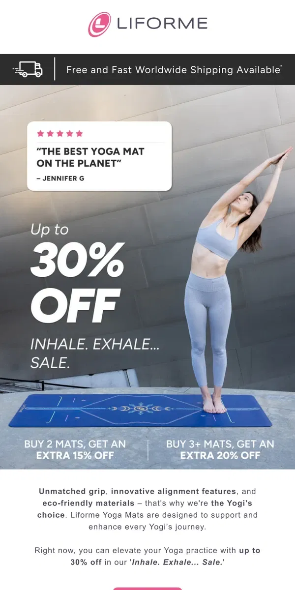 Email from Liforme. The Yogi’s choice – up to 30% off 🙌