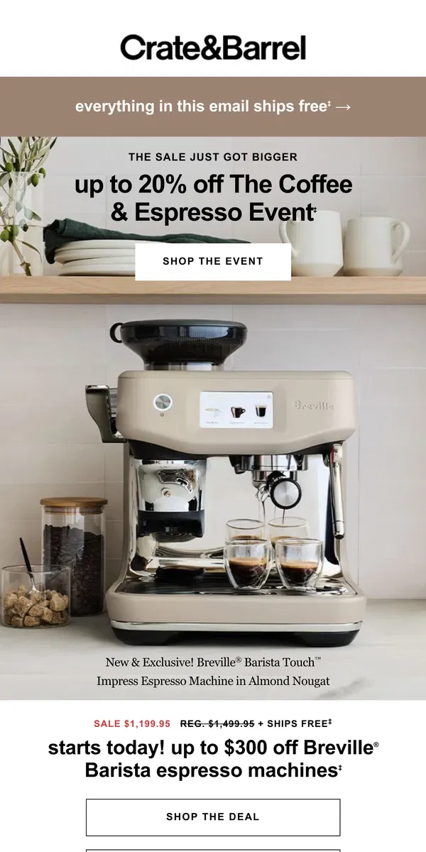 Email from Crate & Barrel. A new Breville deal just dropped—shop The Coffee & Espresso Event now!