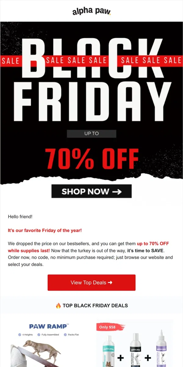 Email from Alpha Paw. 🛍️ Ready, Set, Shop! Grab Black Friday Deals Now! 👉