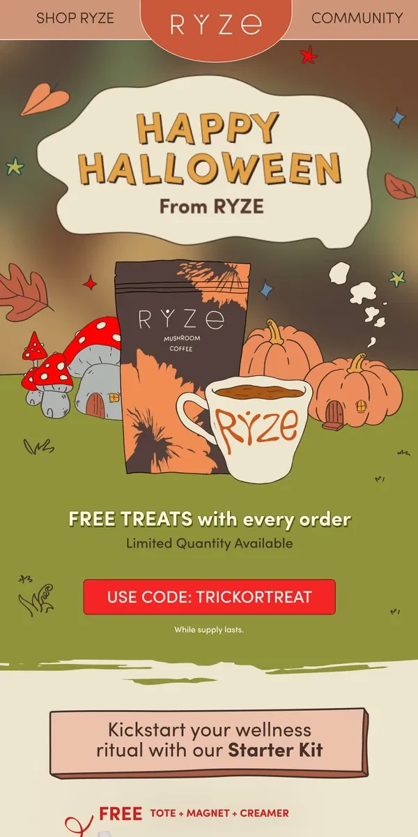 Email from RYZE Mushroom Coffee. No tricks, just free treats!