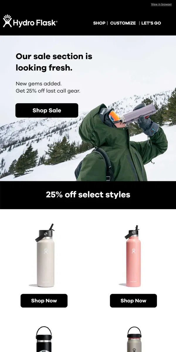 Email from Hydro Flask. Fresh styles are 25% off ❄️