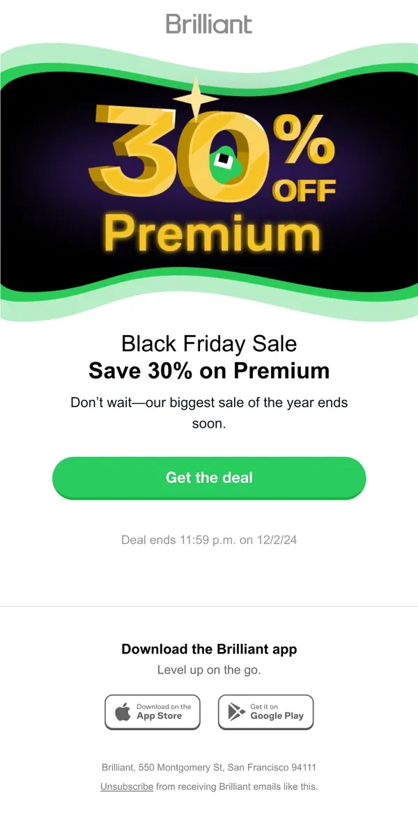 Email from Brilliant. ✨ [Name], save 30% for Black Friday