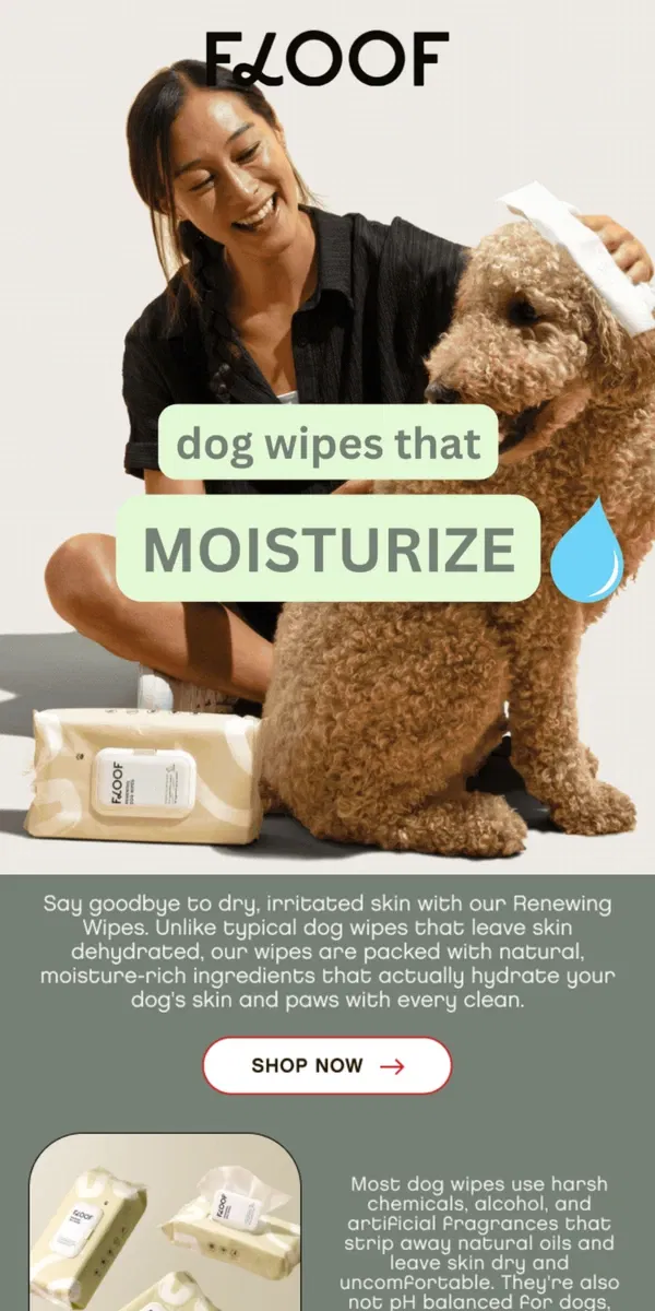 Email from Floof. Are Your Dog Wipes Doing More Harm Than Good?