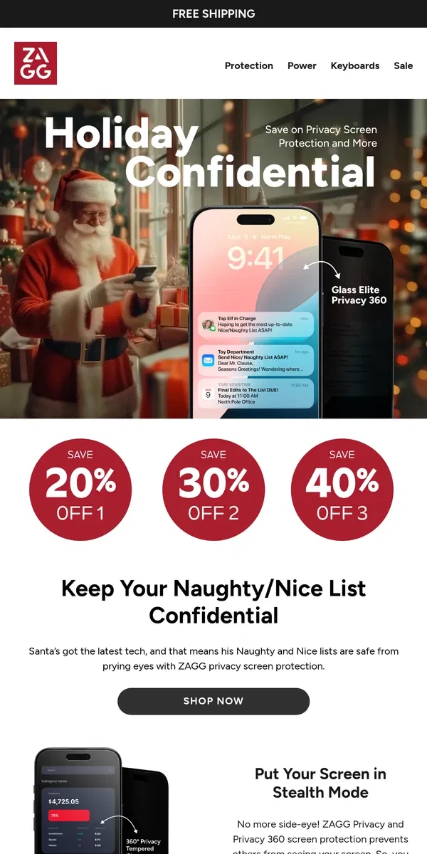 Email from ZAGG. HOLIDAY CONFIDENTIAL: Save on Privacy Screen Protection and More