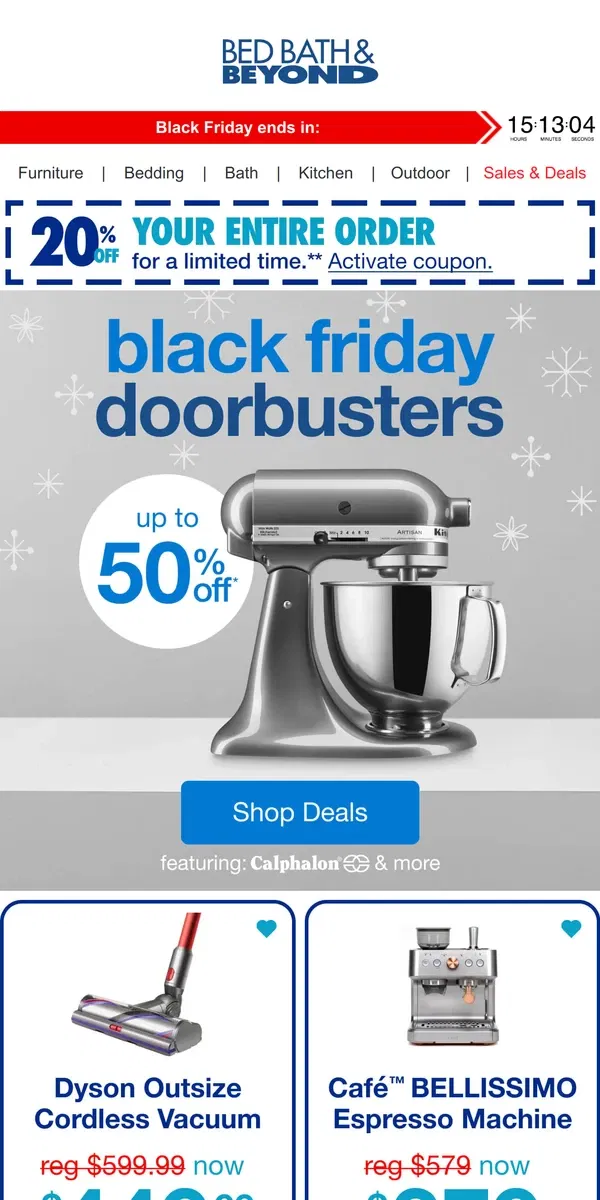 Email from Bed Bath & Beyond. 🚨Black Friday Doorbusters: Up to 50% Off* 🚨