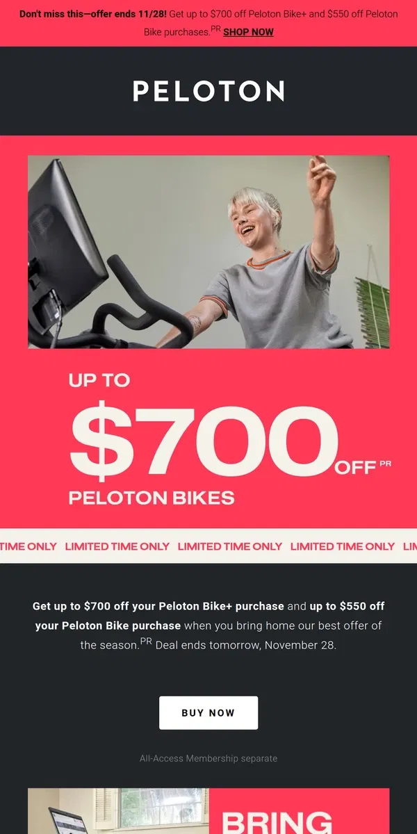 Email from Peloton. This Cyber Monday - Up to $700 off Peloton Bikes