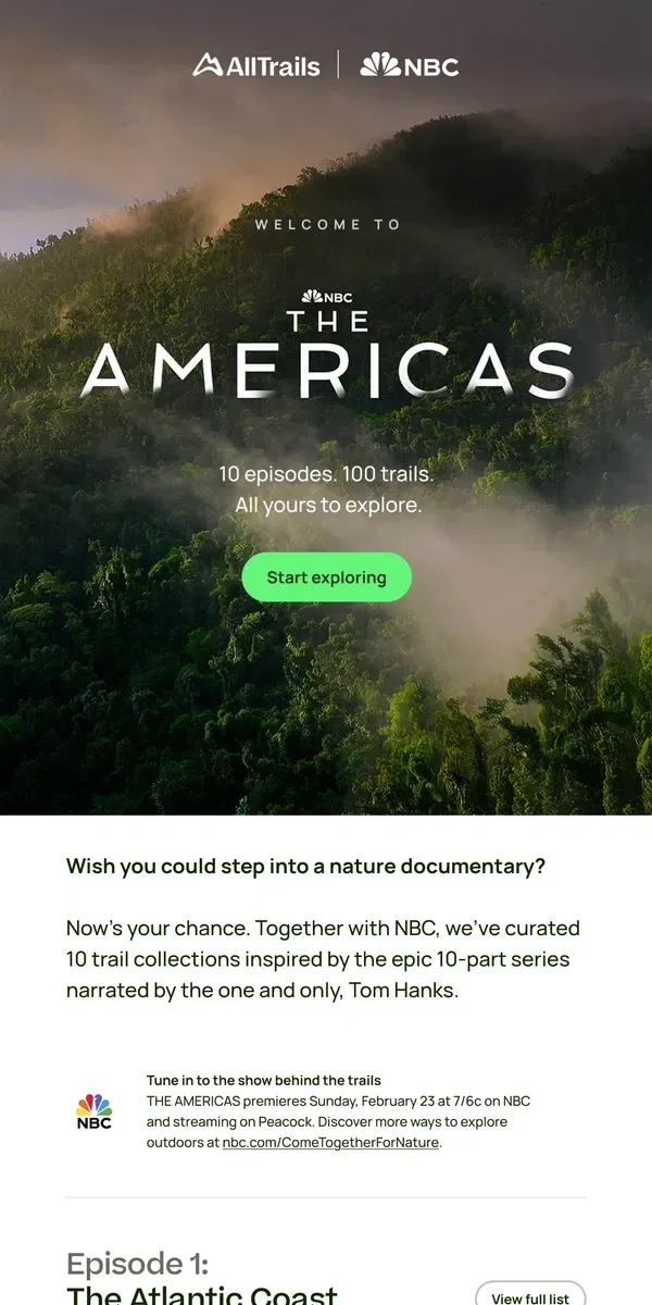 Email from AllTrails. The epic trails inspired by NBC’s THE AMERICAS