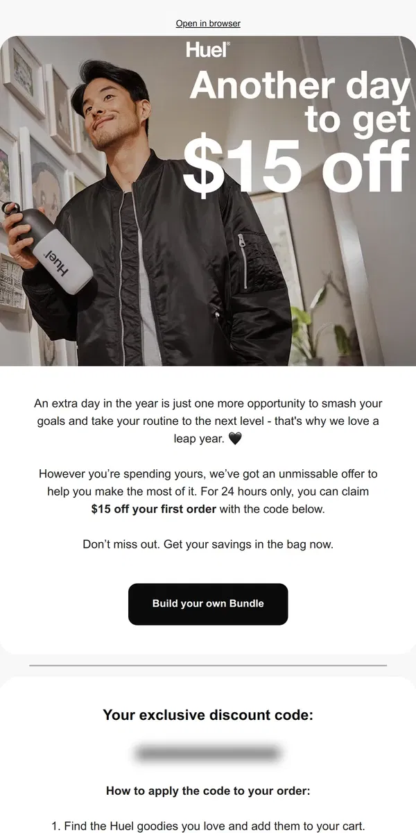 Email from Huel. $15 off, one day only 💸