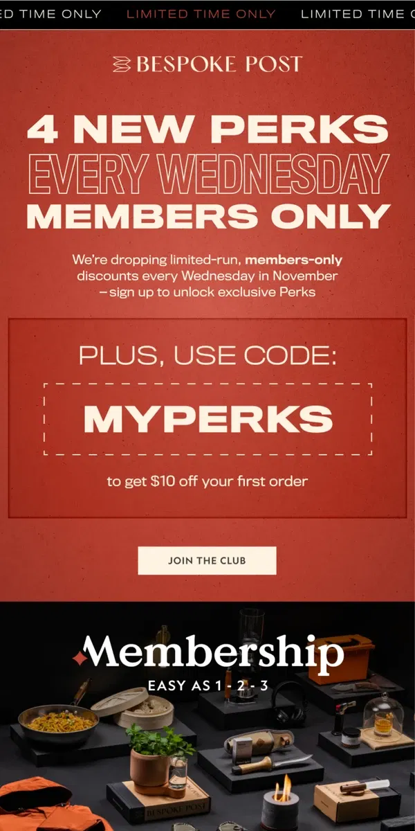 Email from Bespoke Post. NEW PERKS. EVERY WEDNESDAY. MEMBERS ONLY.