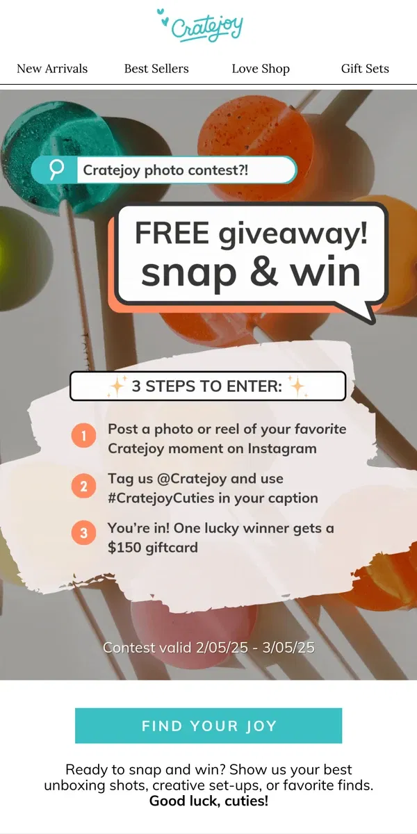 Email from Cratejoy. GIVEAWAY: Win a free $150 giftcard! 🌟