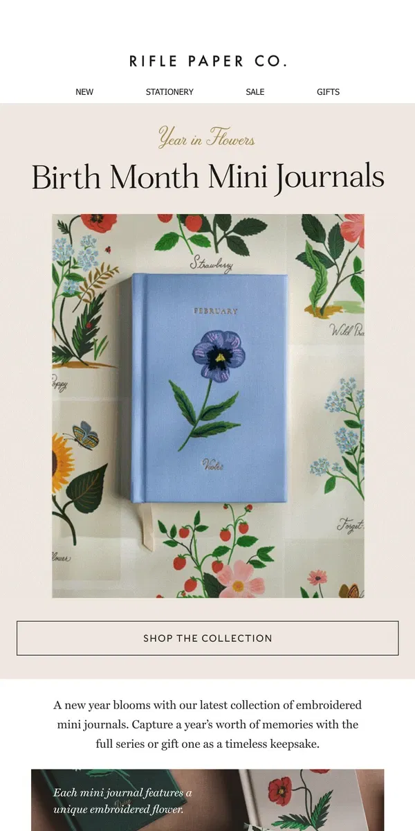 Email from Rifle Paper Co.. NEW! Embroidered Birth Month Journals 🌸