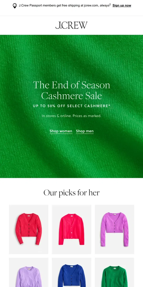 Email from J.Crew. Cashmere’s up to 50% off! Yes, really.