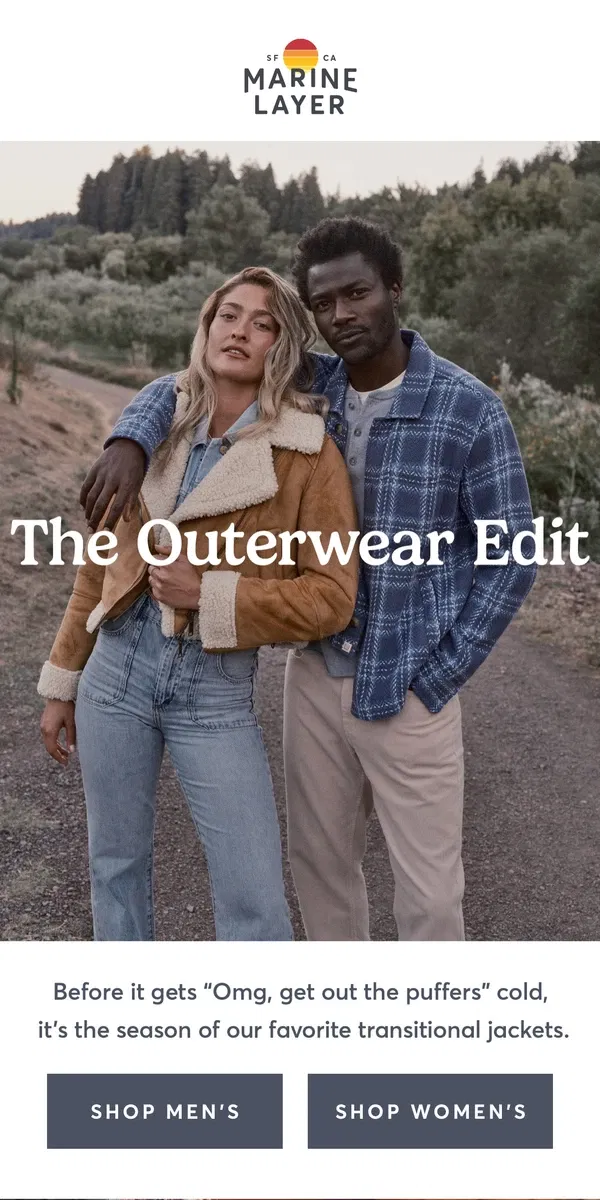 Email from Marine Layer. Now In: The Outerwear Edit