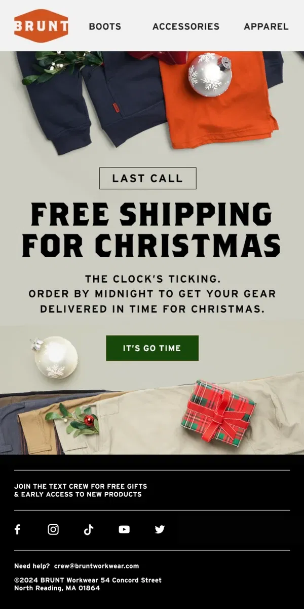 Email from BRUNT Workwear. LAST CHANCE to get free shipping before Christmas