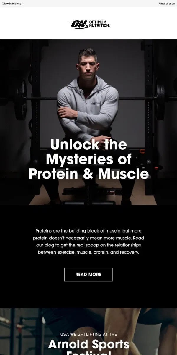 Email from Optimum Nutrition. Unlock the Mysteries of Protein & Muscle 🗝